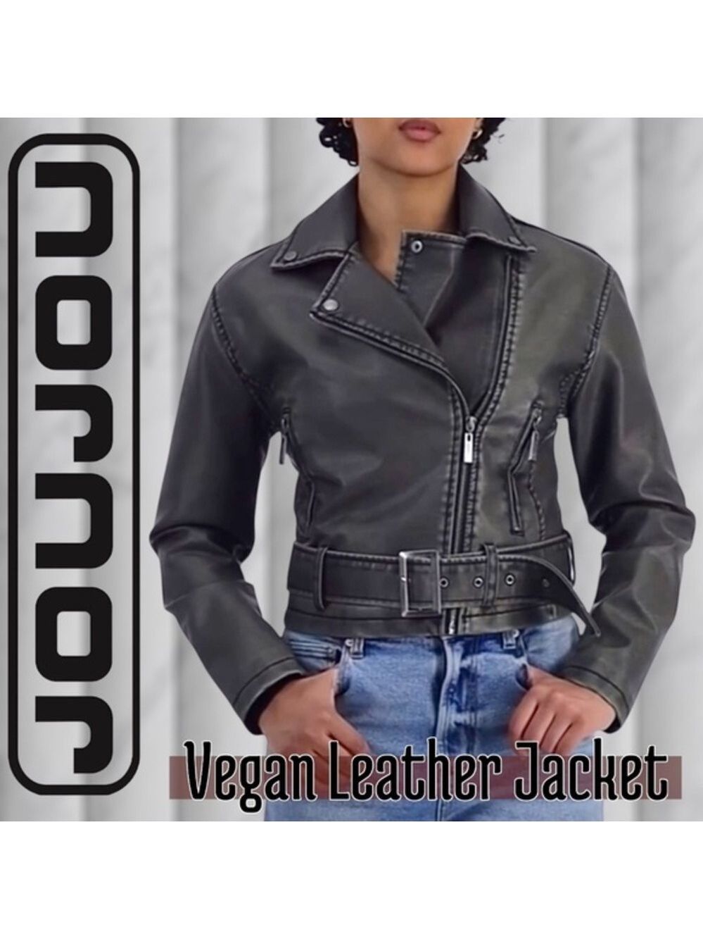 JOU JOU Edgy-Distressed Soft Vegan Leather Asymmetric Belted Moto Jacket/NWT-XL